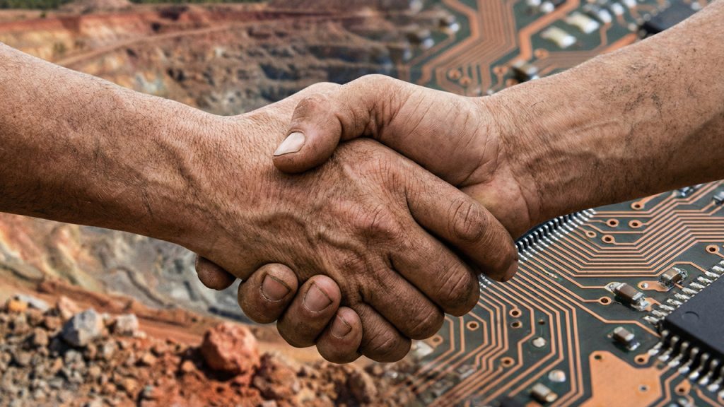 Apretón de manos diplomático representando la Paz del Coltán entre RDC y Ruanda para la tecnología.