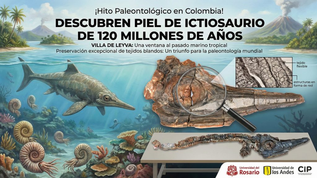 Recreación artística de un Ictiosaurio en el mar tropical cretácico de Colombia.