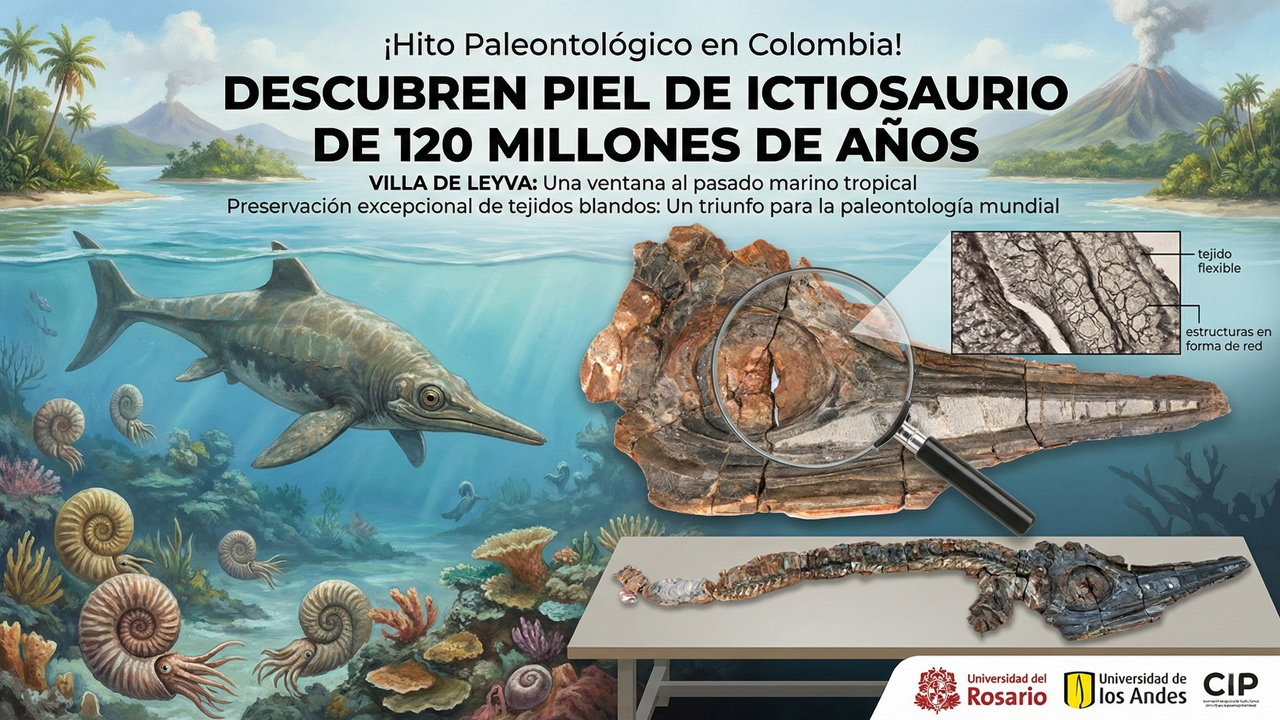 Recreación artística de un Ictiosaurio en el mar tropical cretácico de Colombia.