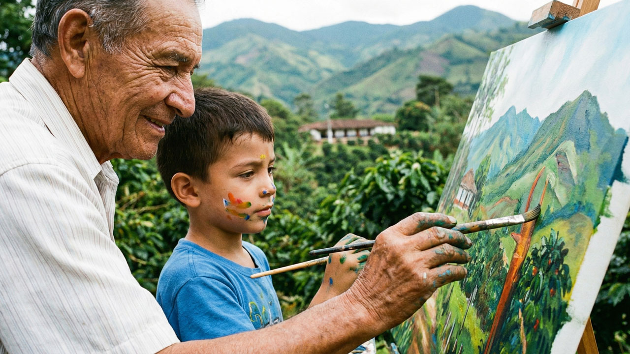 Festival Pinceladas Cafeteras para la Paz en Bruselas Pitalito con niños y adultos mayores pintando
