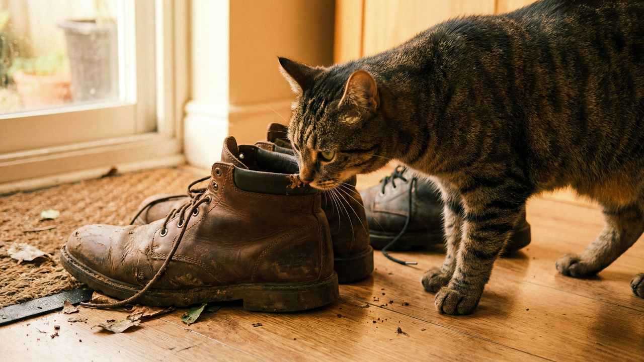 Gato doméstico oliendo zapatos contaminados con virus de panleucopenia felina.