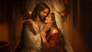Ilustración artística de la vida privada de Jesús y María Magdalena mirándose con amor espiritual.