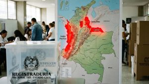 Mapa de riesgo electoral 2026 mostrando zonas rojas en el Pacífico y Catatumbo según la MOE.