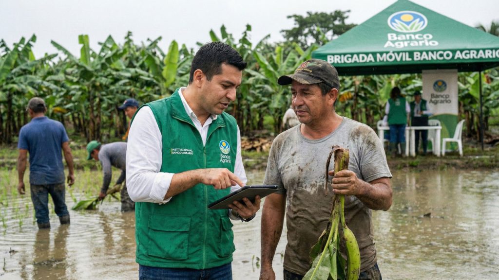 Agricultor recibiendo información sobre alivio financiero para el campo y refinanciación por ola invernal.