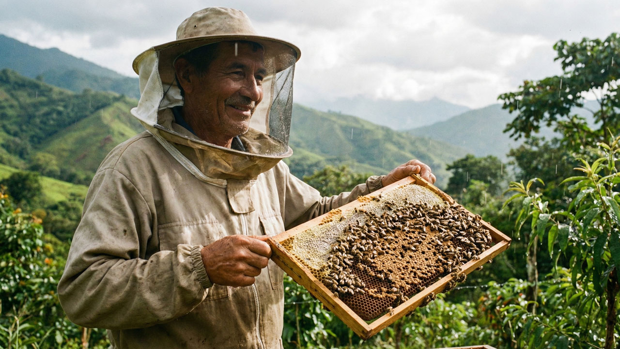 Apicultura en el Huila: Productor revisando bastidor con alta producción de miel durante temporada de lluvias.