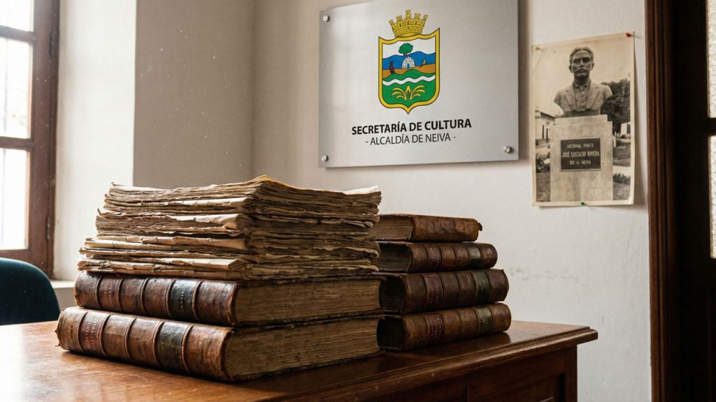 pila de manuscritos o libros con el logo oficial de la Alcaldía de Neiva o la Secretaría de Cultura de fondo