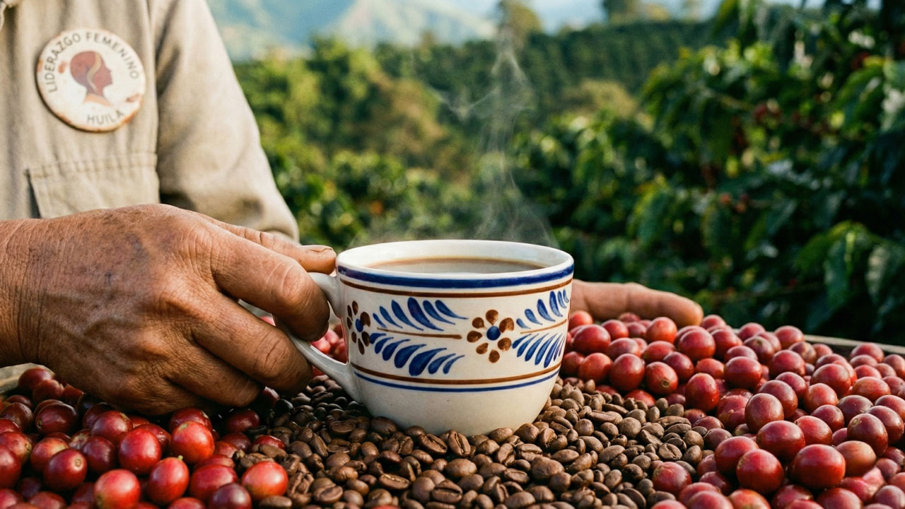 Taza de cafe en medio de granos de café