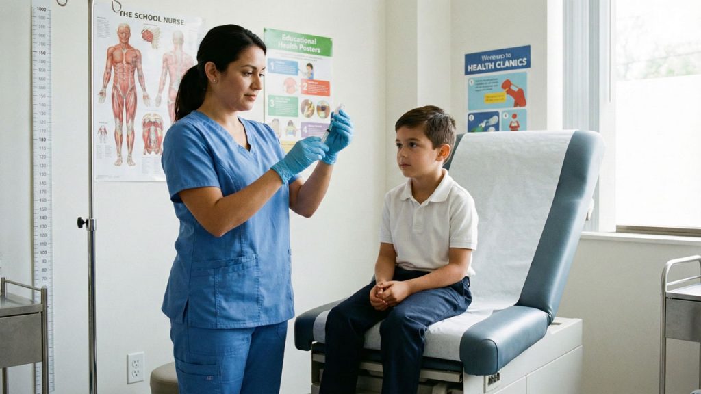 Enfermera con jeringa de vacuna y niño