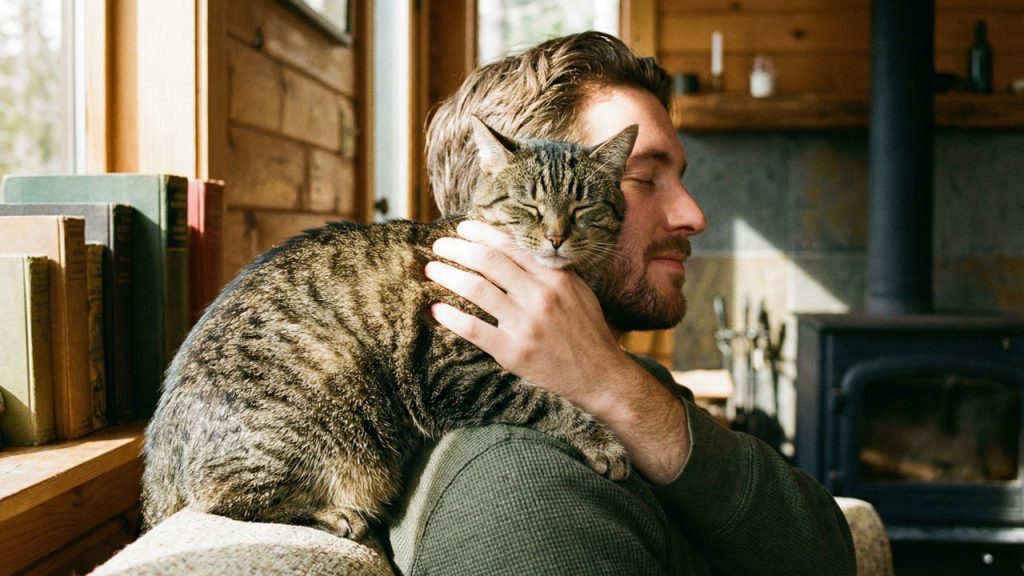 Gato sobre el hombre de un humano