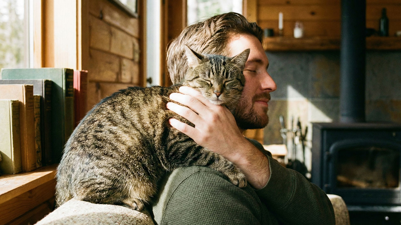 Gato sobre el hombre de un humano