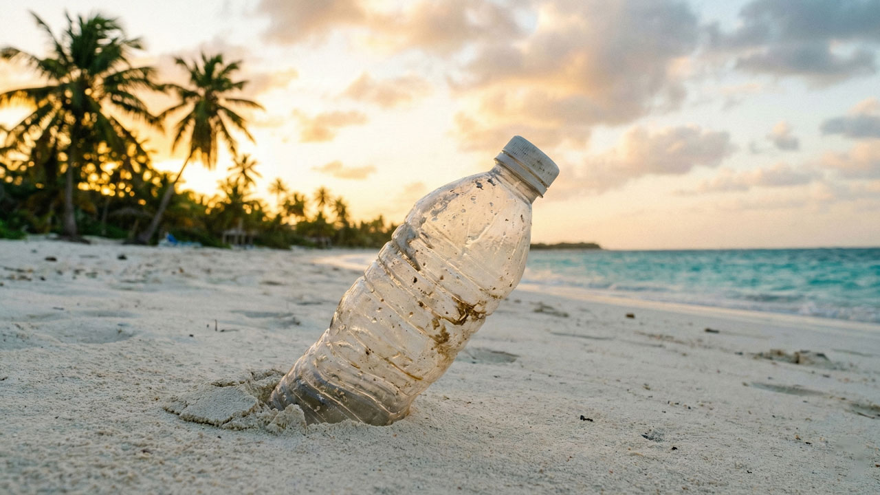 Botella de plástico en a playa