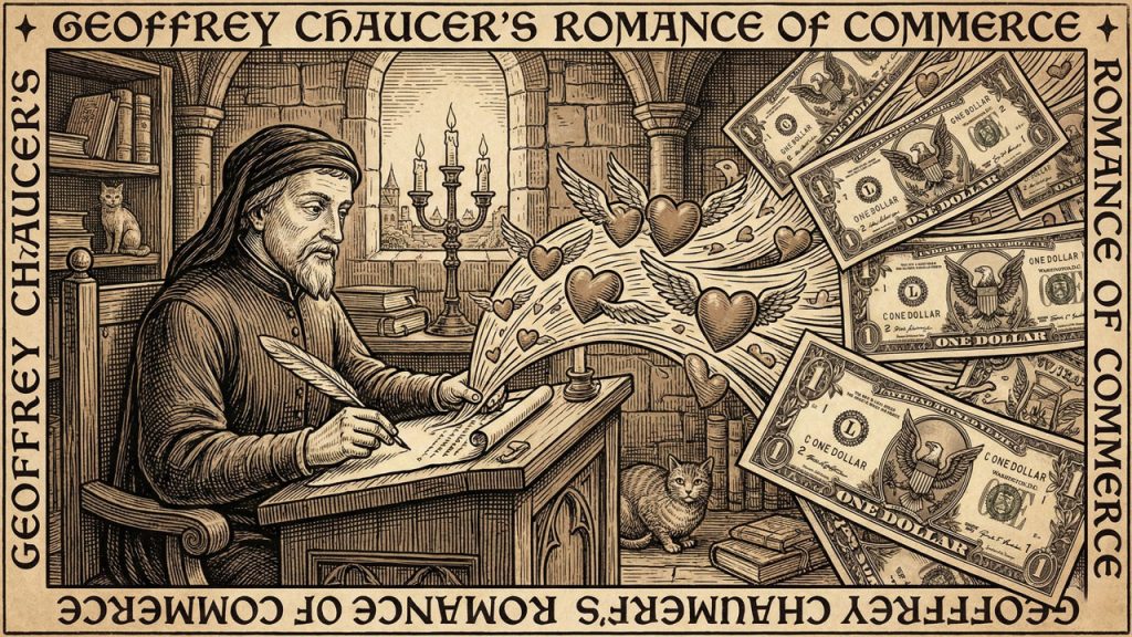 Geoffrey Chaucer escribiendo con una pluma, y de su pergamino salen corazones que se transforman en billetes de dólar.
