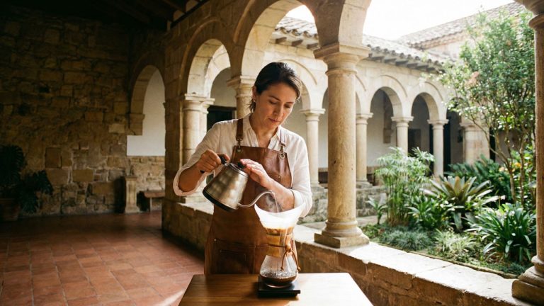 Barista preparando café de especialidad en el Claustro San Francisco durante el Coffee Fest 2026 Villa de Leyva