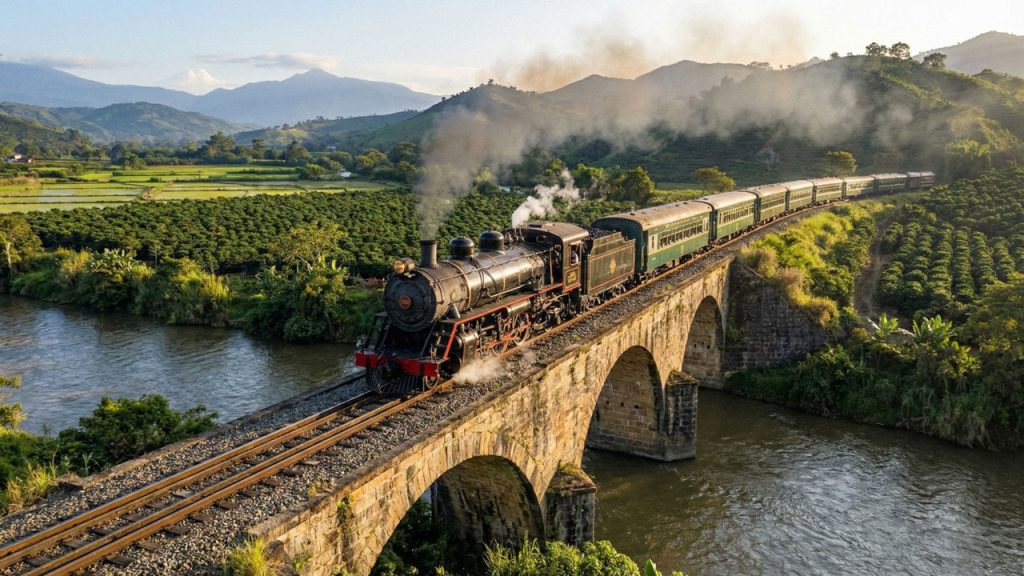 tren en un puente con vía férrea