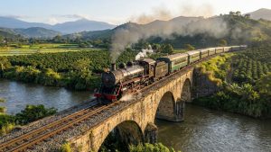 tren en un puente con vía férrea