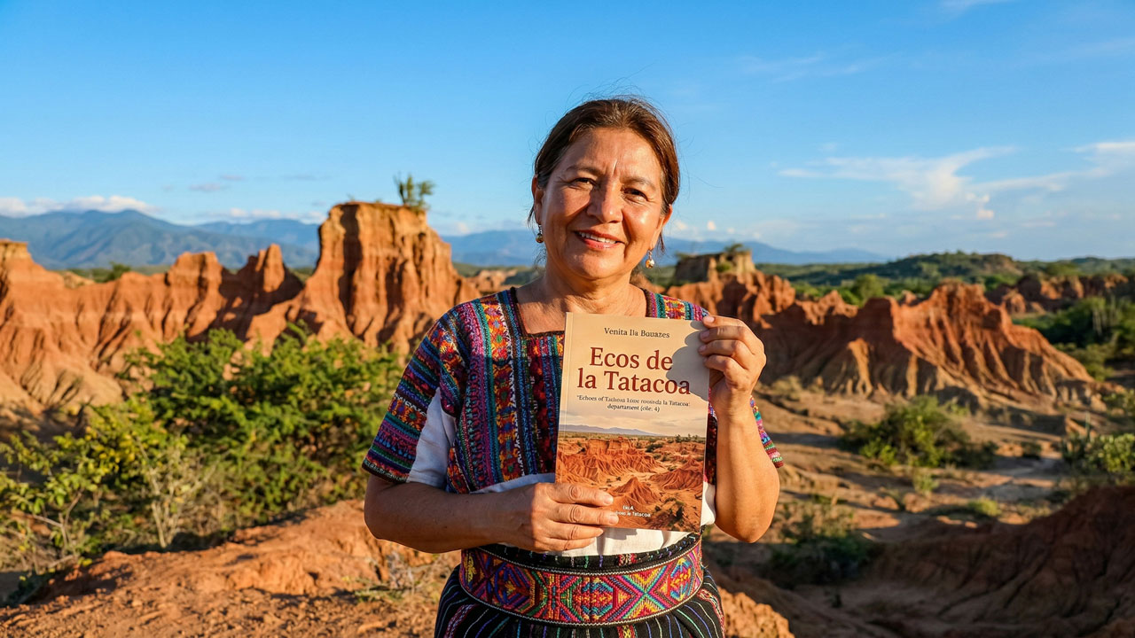 Escritora con libro en la Tatacoa