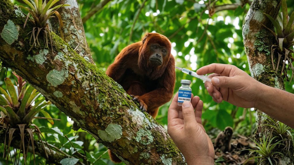 Mono y manos vacunando
