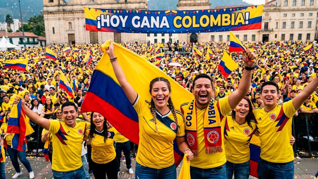 colombianos vestidos con camiseta de la selección Colombia celebran