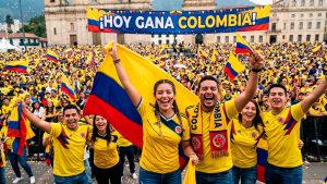 colombianos vestidos con camiseta de la selección Colombia celebran