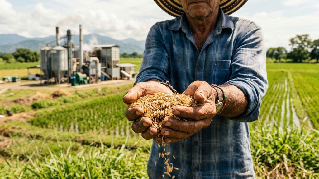 campesino con cascarilla de arroz