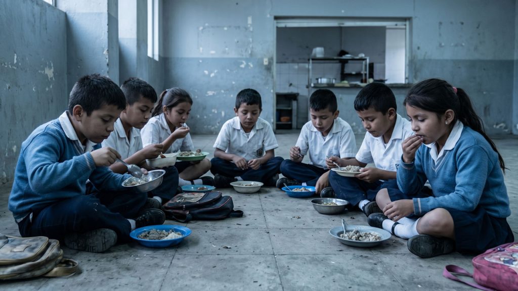 Estudiantes comiendo en el piso