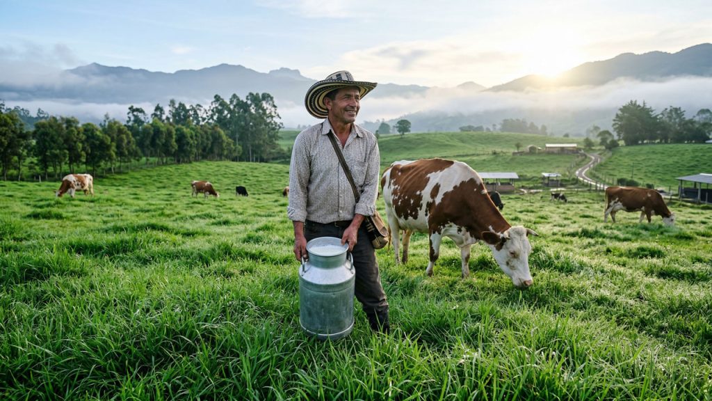 Producción de leche en Colombia récord 2025 y ganadero en el campo.