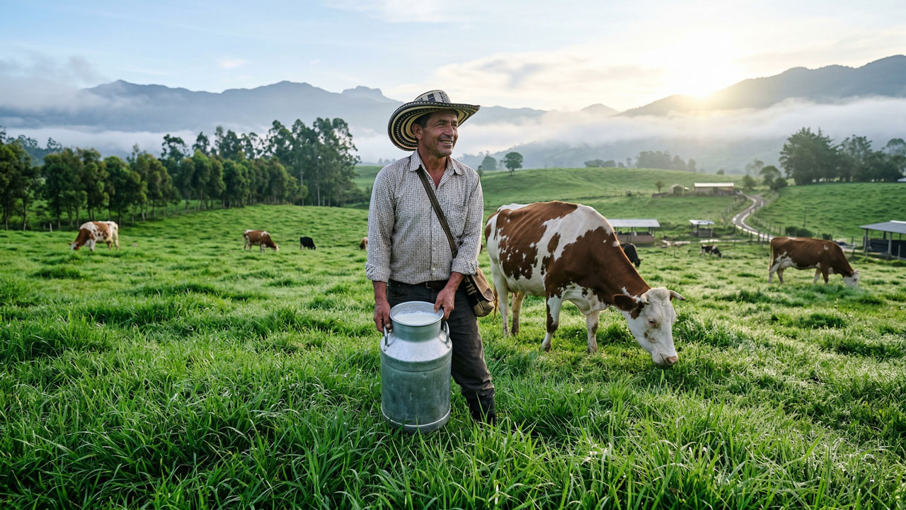 Producción de leche en Colombia récord 2025 y ganadero en el campo.