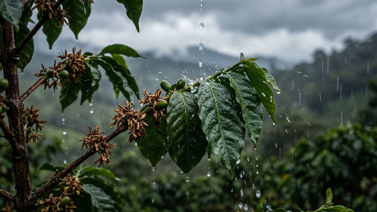Crisis de producción cafetera en Colombia 2026 por afectación de lluvias en la floración.