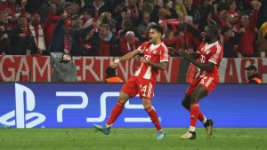 Lucho Díaz celebrando el gol que le hizo al Real Madrid en Munich