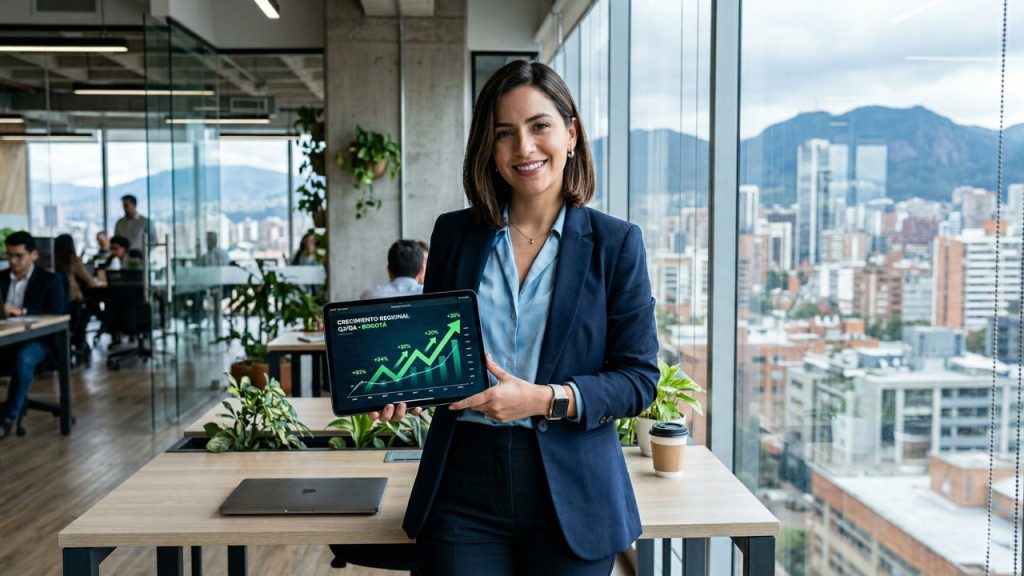 Mujer con gráfica de la brecha salarial de género en Colombia y equidad laboral.