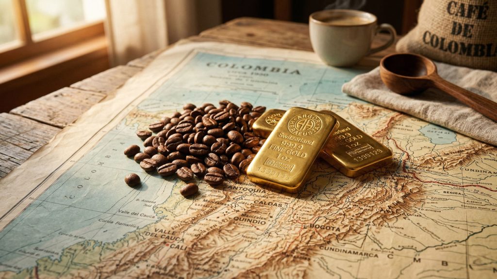 café de alta calidad junto a lingotes de oro