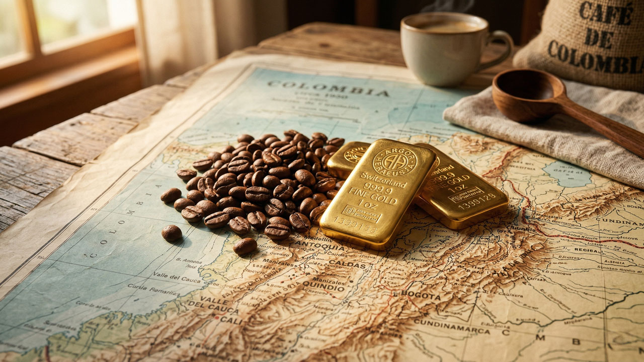 café de alta calidad junto a lingotes de oro