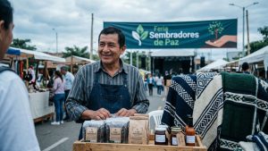 Emprendedores en la feria Sembradores de Paz por el Día de la Memoria en Pitalito.