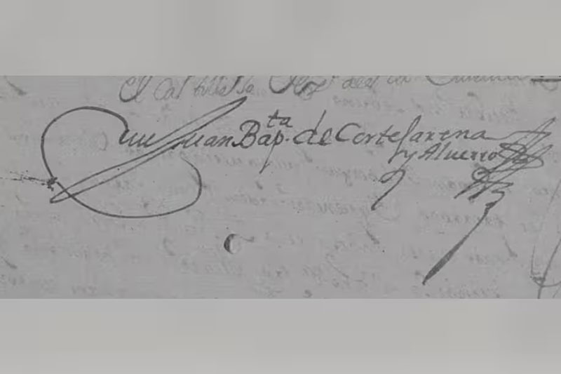 Firma de Juan Bautista de Cortejarena en el poder dejado a su tío, sobrino y socio. Protocolos notariales del Puerto de Santa María, 1706.