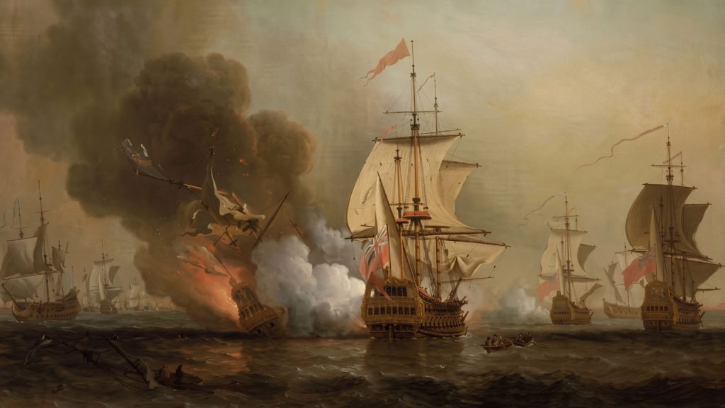 En esta pintura, se ve representada la versión original del hundimiento, con el San José envuelto en llamas debido a una explosión.