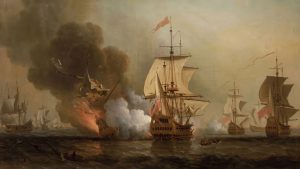 En esta pintura, se ve representada la versión original del hundimiento, con el San José envuelto en llamas debido a una explosión.